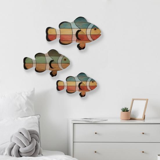 3 Pcs Wooden Tropical Fish Wall Art Coastal Hanging Clownfish Wall Decor Nautical