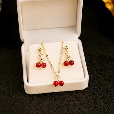 French Garnet Cherry Pendant, Burgundy Stud Earrings Necklace Set, Sweet Girly Factory.
