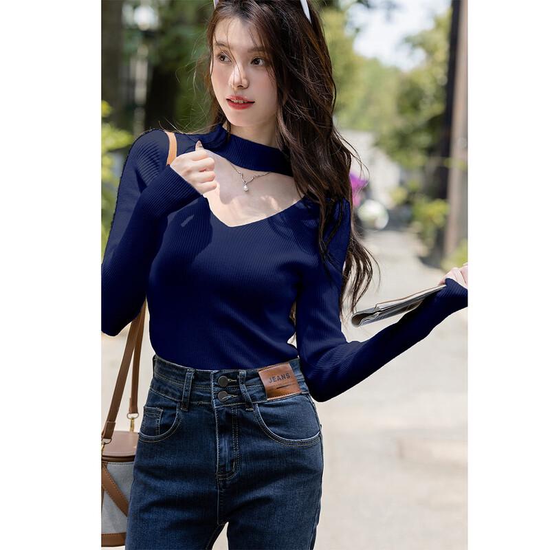 MOKANA Women's Hollow-Out V-Neck Long Sleeve Knit Sweater