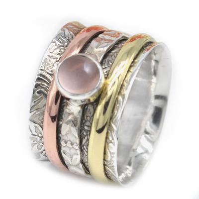 Rose Quartz Ring, 925 Sterling Silver, Designer Ring, Handmade Jewelry, Three Tone Ring, Wedding Engagement Gift, Anniversary Ring