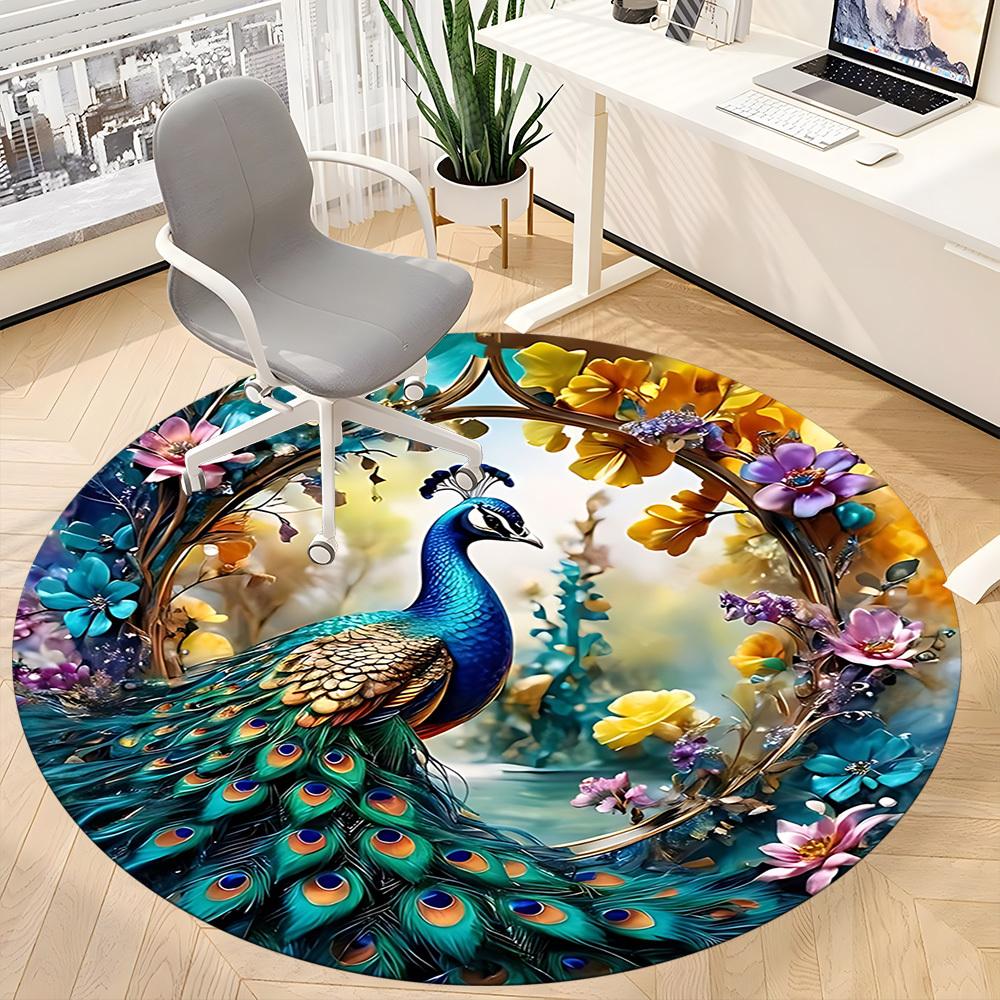 1pc Peacock Feather Print Chair Carpet for Office Non-Slip, Machine Washable Rug for Office, Sleeping, Room - Holiday Decor