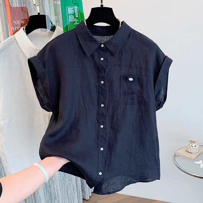 Women's Polo Collar Short Sleeve Linen Blend Shirt Loose Fit Vintage Casual Blouse For Summer Daily Wear Pocket Button Down Solid Color Top