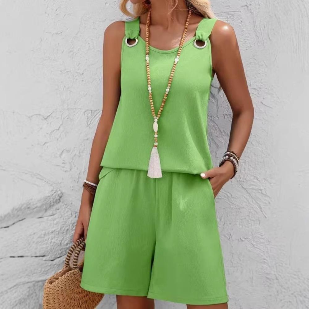 Nuovo Top Senza Maniche in Tessuto Artigianale Monocolore con Doppia Tasca e Pantaloncini, un Outfit Elegante e Casual per le Vacanze di Primavera ed Estate