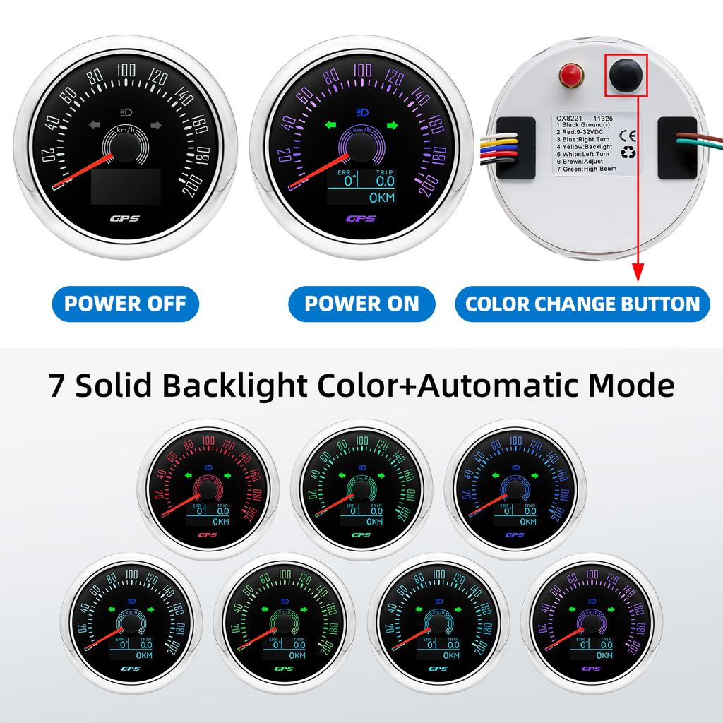 0-200KMH 85MM GPS Speedometer With GPS Antenna 7 Color Backlight 0-160MPH LED Odometer Auto Gauge For 12V 24V Car Boat Marine