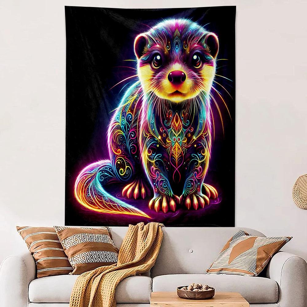 Neon Tribal Otter Artwork Patterned Tapestry Decorative Wall Hanging, Home Bedroom Living Room Decor