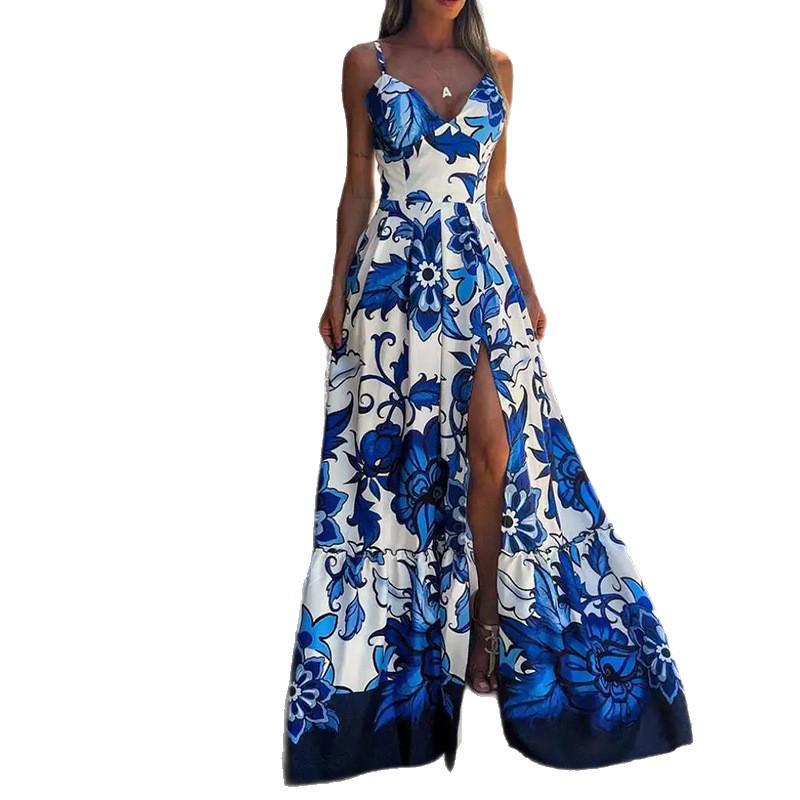 Chic European and American Women's V-Neck Long Dress with Sexy Print, Pleated Waist, and Strappy Design
