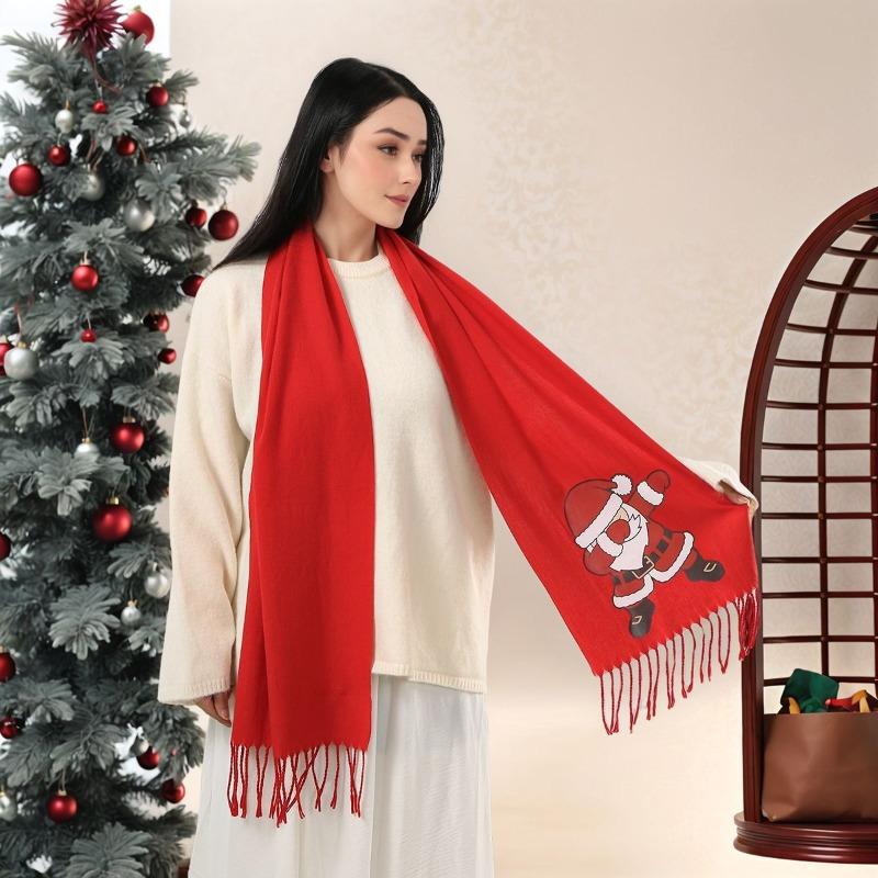 Winter Christmas Red Versatile Elk Print Imitation Cashmere Thickened Warm Fringed Scarf Autumn and Winter Men and Women