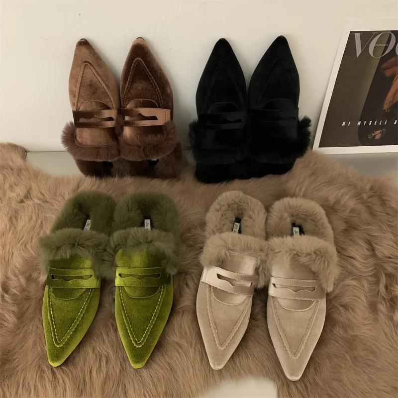 Fashion COZOK Luxury Fur Furry Women Slippers Fur Flat Mules Fashion Velour Slides Indoor Outdoor Sexy Cotton Warm Slides Winter