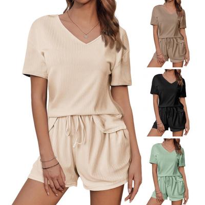 2Pcs/Set Women Summer Outfit V-neck Short Sleeve T-shirt Elastic Drawstring Waist Shorts Set Solid Color Loose Fit Casual Outfit