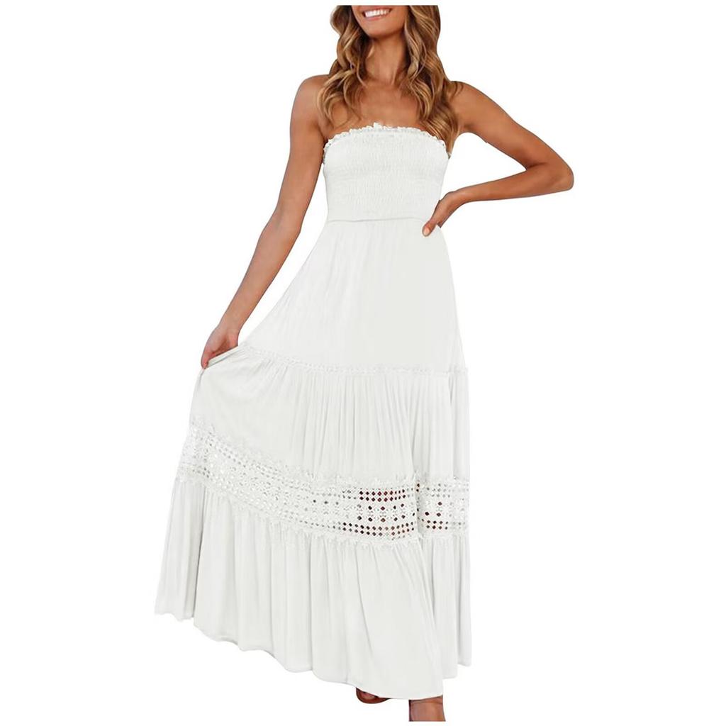 IHUASU Dames Lange Mouwloze Vintage Boho Getailleerde Jurk in Effen Kleur met Strapless Gestikte Zoom