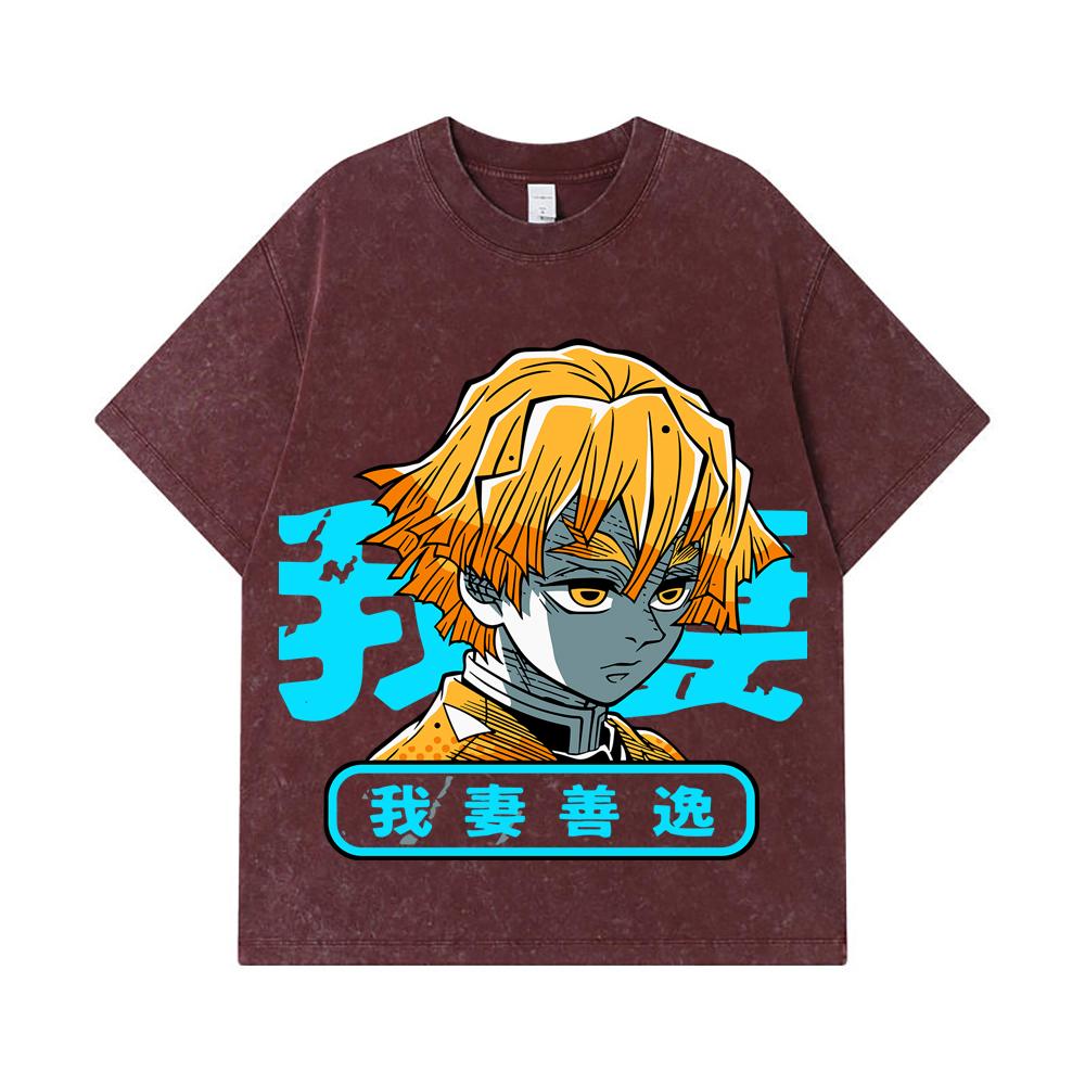 275 GSM Washed T-shirts 100% Cotton Demon Slayer V100 Zenitsu Print Unisex Heavy Cotton T Shirt