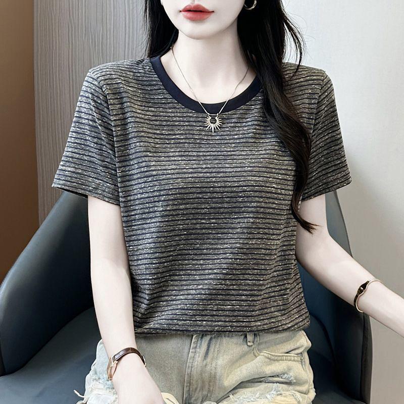 Round Neck Striped Short-sleeved T-shirt Women's Summer Fashion Plus Size Shoulder Top Western Style