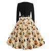 Women Casual Halloween Printed Round Neck Vintage Dress Long Sleeve Fit Flared Skirt Belted Waist Retro Style Dress for Autumn