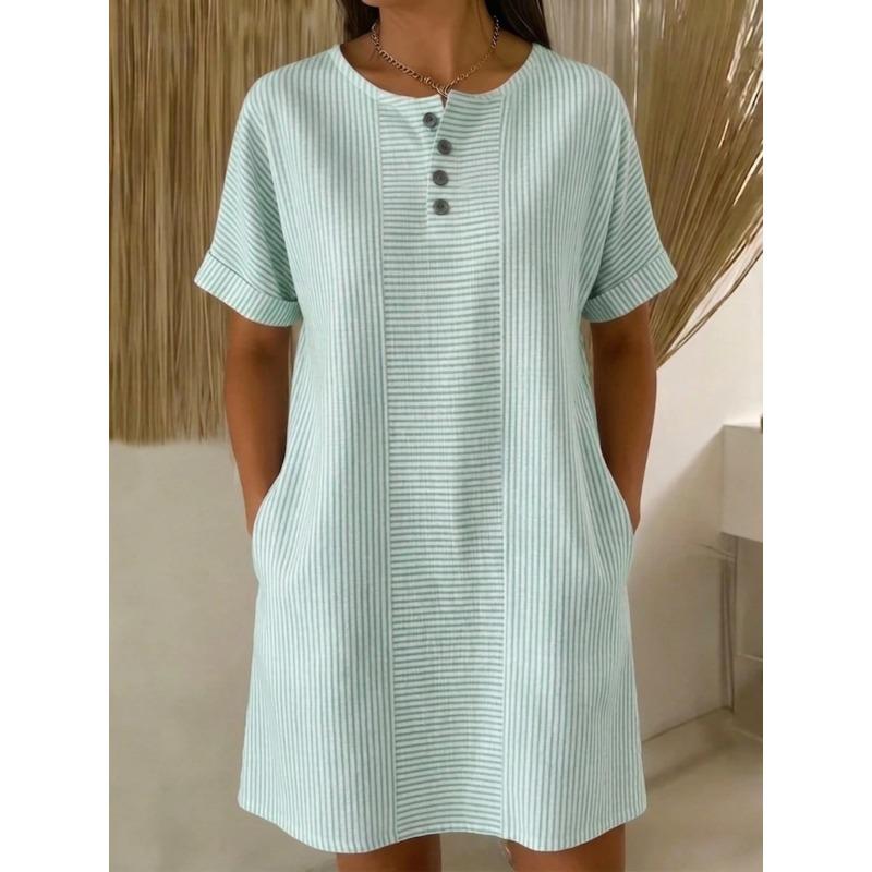 DICFY Women's Fashion Summer Spring Solid Color Print Short Sleeve O-Neck Casual Dresses
