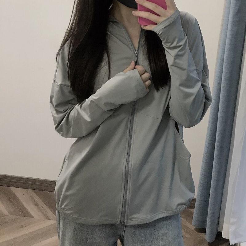 Summer Women Ice Silk Solid Sun Protection Jacket Thin Fashion Zipper Hooded Coat Versatile Loose-Fit Breathable Cardigan