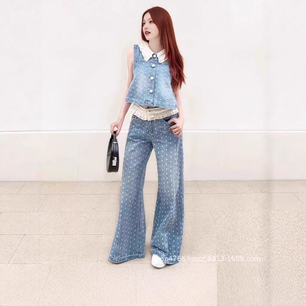 1116 summer new Korean lace lace vest high waist fake two-piece jeans two-piece set small fragrant style set