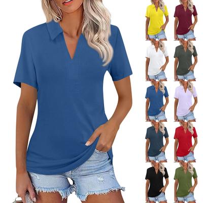 Women's Fashion Casual Lapel Short Sleeve Solid Color Shirt Women's V-Neck Tops