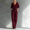 Women's V Neck One Shoulder Wide Leg Jumpsuit Solid Khaki Casual Outfit