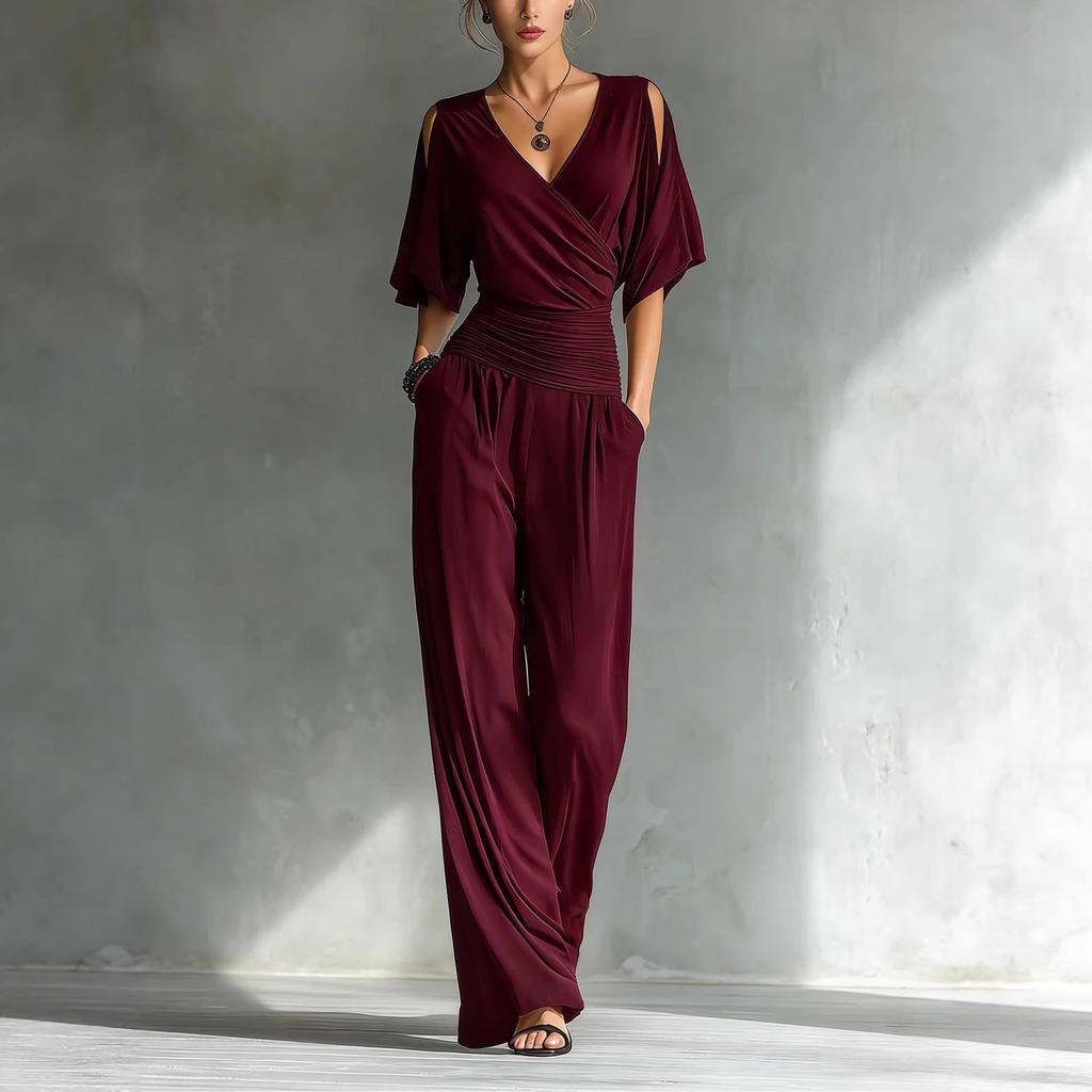 Women's V Neck One Shoulder Wide Leg Jumpsuit Solid Khaki Casual Outfit