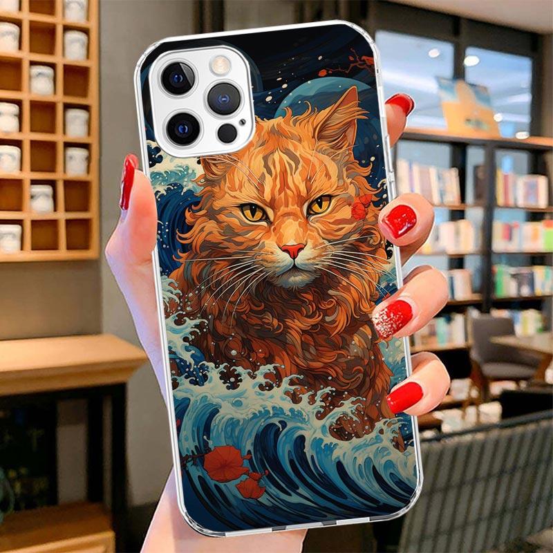 Anime Cat Sea Wave Aesthetic Cover Phone Case For iPhone 16 17 Air 15 14 Pro Max 16E Phone Case 13 Mini 12 11 7 SE 8 Print Patte