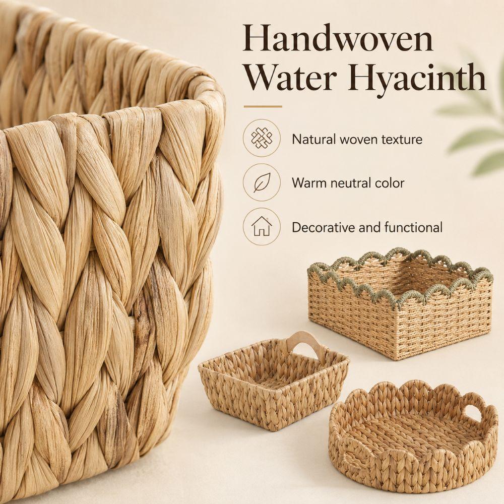 Natural Water Hyacinth Storage Basket Handwoven Open Top Handwoven Storage Basket Sturdy Multipurpose Wicker Organizer Tray