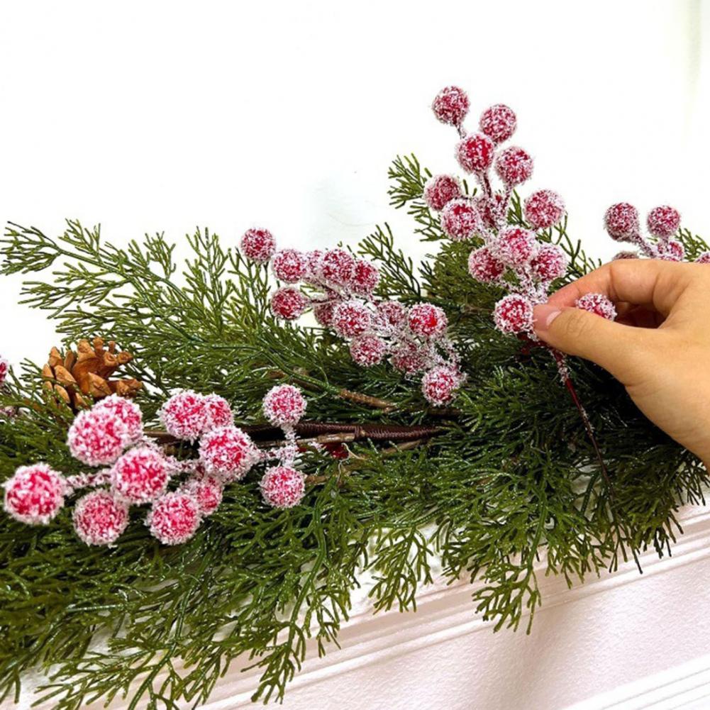 20Pcs Artificial Snow Red Berry Pick Branch Christmas Holly Berries Stem Faux Plants Branch Xmas Holiday Home Decoration