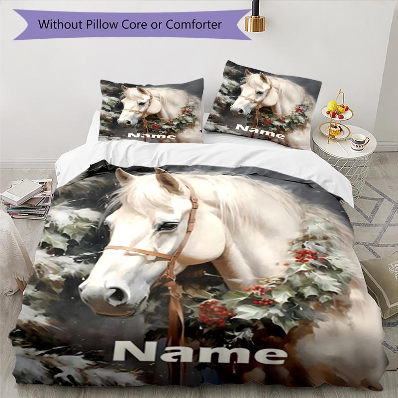 3pcs Custom Name Horse Bedding Set Duvet Cover Closure Includes 1 Duvet Cover & 2 Pillowcases, Soft and Comfortable for All Seasons.