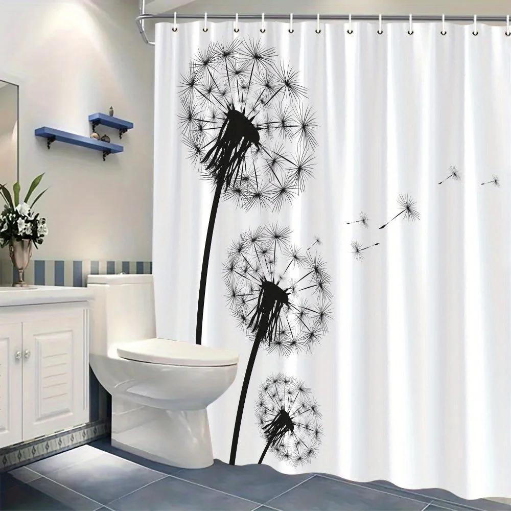 Dandelion Curtain - B&W Flight Seeds Design, Machine Washable, 12 Hooks, 70.8In, Fashion Bath