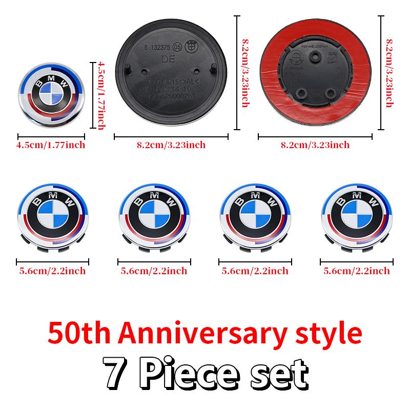DJSA5 Hood Trunk Wheel Steering Badge 7Pcs Emblem Set For BMW E46 E90 F10 F30 G20 X5 82mm 74mm 68mm 56mm 45mm 50th Anniversary Car