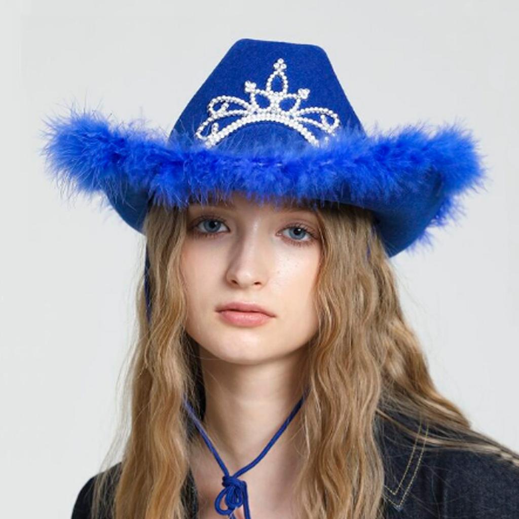 Wedding Party Cowboy Hat Adult Woman LED Feather Tinsel Brim Hat Fedoras Felt Cowboy Hat with Rhinestone Crown Decor