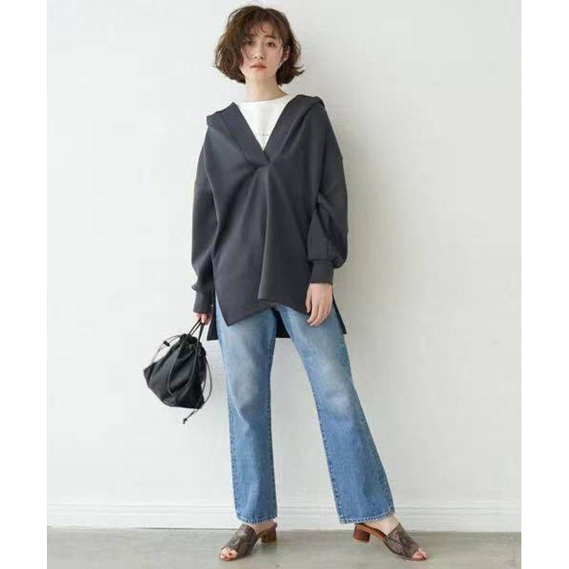 

Orders Exported to Japan Spring New Women Hooded Air Cotton Hoodie Mid-Length Loose Casual Top Dark gray half-open Sweatshirt One size