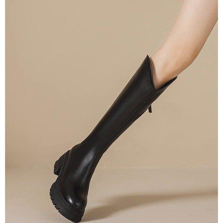 V Mouth Boots Women's Fall Brown Thick Bottom High But Knee High Knight Boots Fashionable and Comfortable