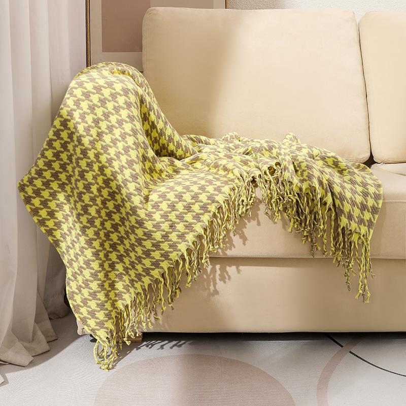 

Houndstooth Tassel Woolen Blanket Summer Thin Air Conditioning Blankets for Office Living Room Sofa Cozy Nap Cushion Shawl 65x240cm