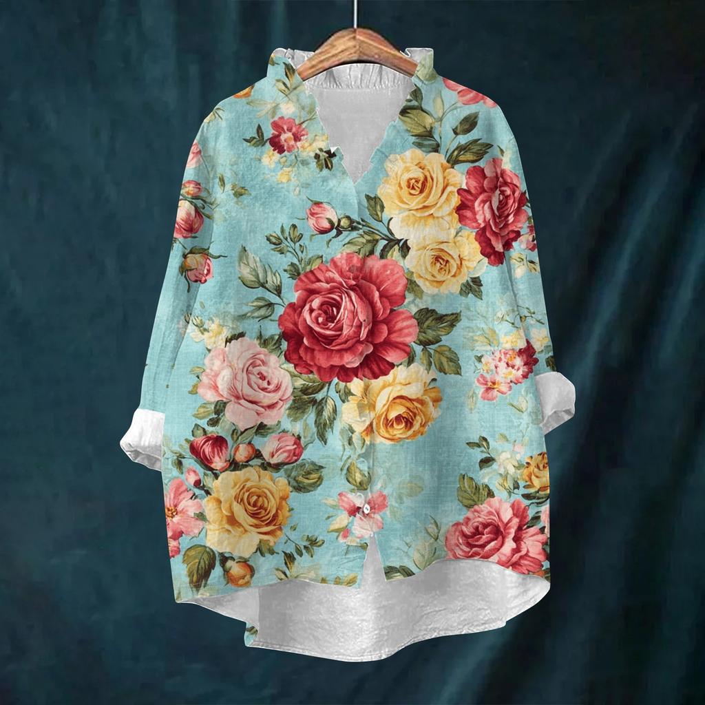 Women's Loose Ruffled Retro Floral Print Stand Collar Long Sleeve Cotton And Linen Top