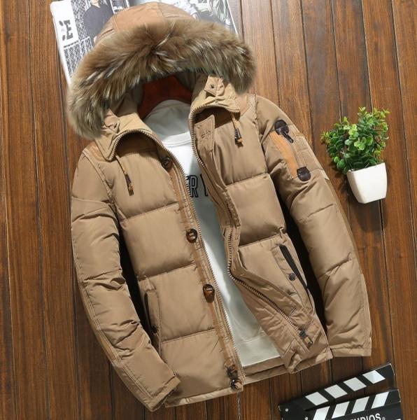 2019 Herren Daunenjacke, kurz, dick, mit Kapuze, großer Pelzkragen, winddicht, dicke Jacke, Outdoor-Overall