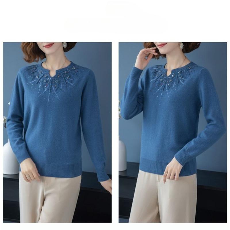 Módní svetr pro maminku z imitace vlny, volný, s výšivkou a kamínky, dámský, pro střední věk, větší velikost, podzimní zima