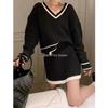 2026 Korean Retro Color Block V-neck Cable Knit Sweater & High-Waist Bodycon Skirt Set for Women