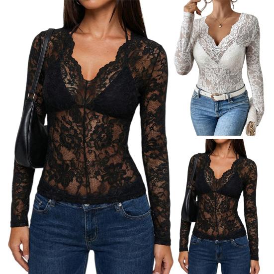 Women Tops V-Neck Long Sleeve Hollow Embroidery Lace Design Pullover Tops Pure Color Slim Fit Mesh Detail Blouse Daily Wear