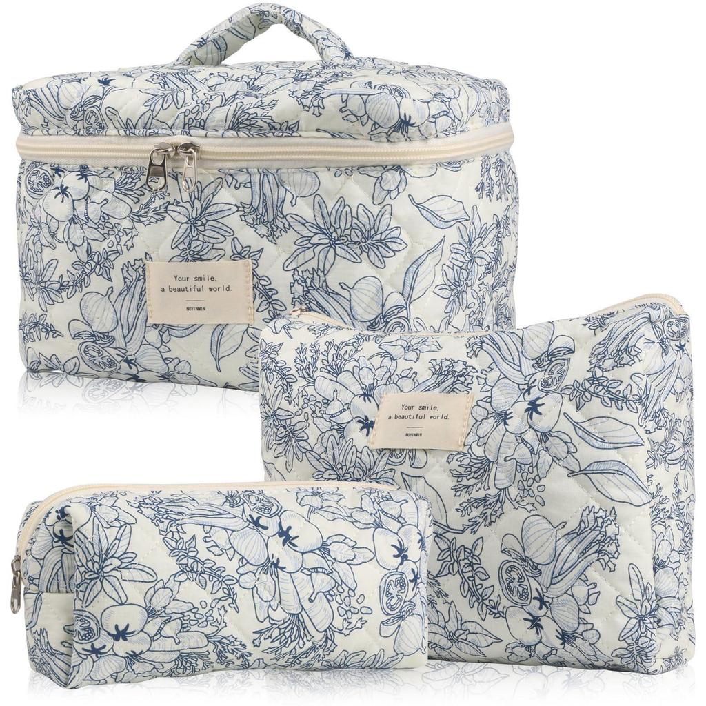 Large-Capacity Quilted Cotton Floral Makeup Bag - Portable and Cute for Travel or Student Use