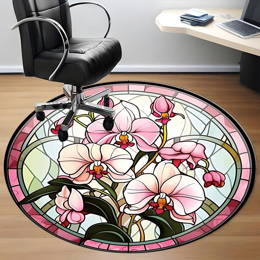 1pc Orchid Stained Glass Office Round Rug, Carpet for Office, Gaming, Lightweight Round Floor Mat yy260205018