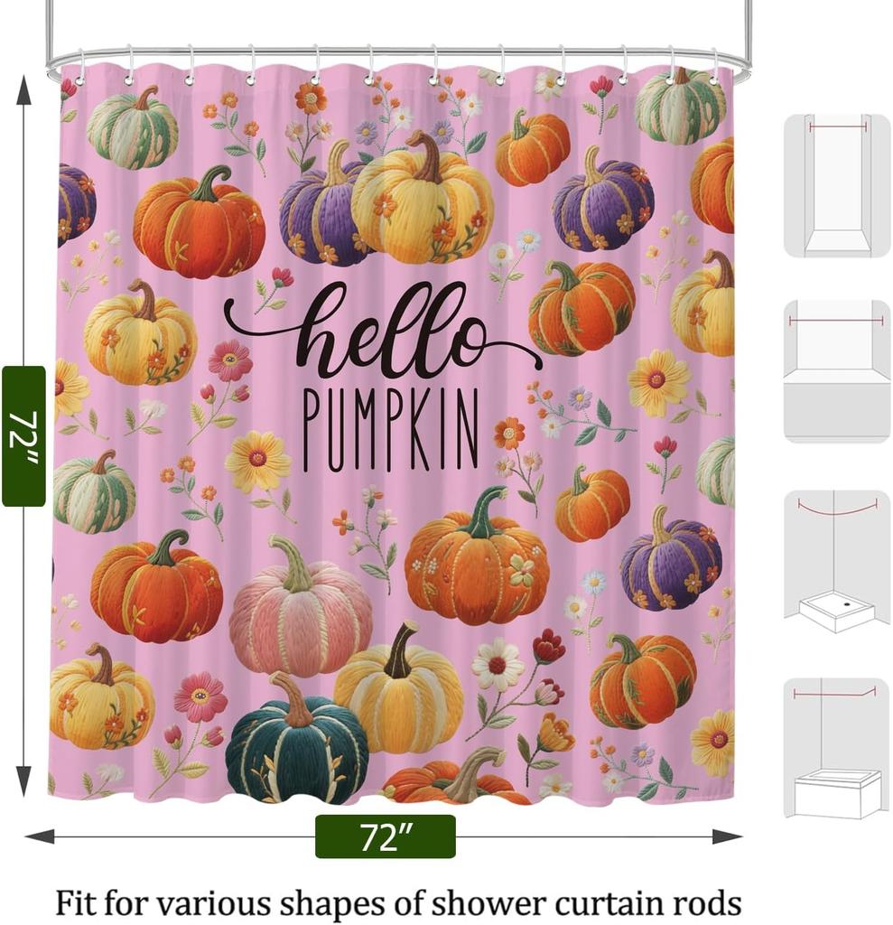Fall Pumpkin Floral Shower Curtain with Thanksgiving Harvest Pattern, Waterproof Heavy Duty Washable Bathroom Decor
