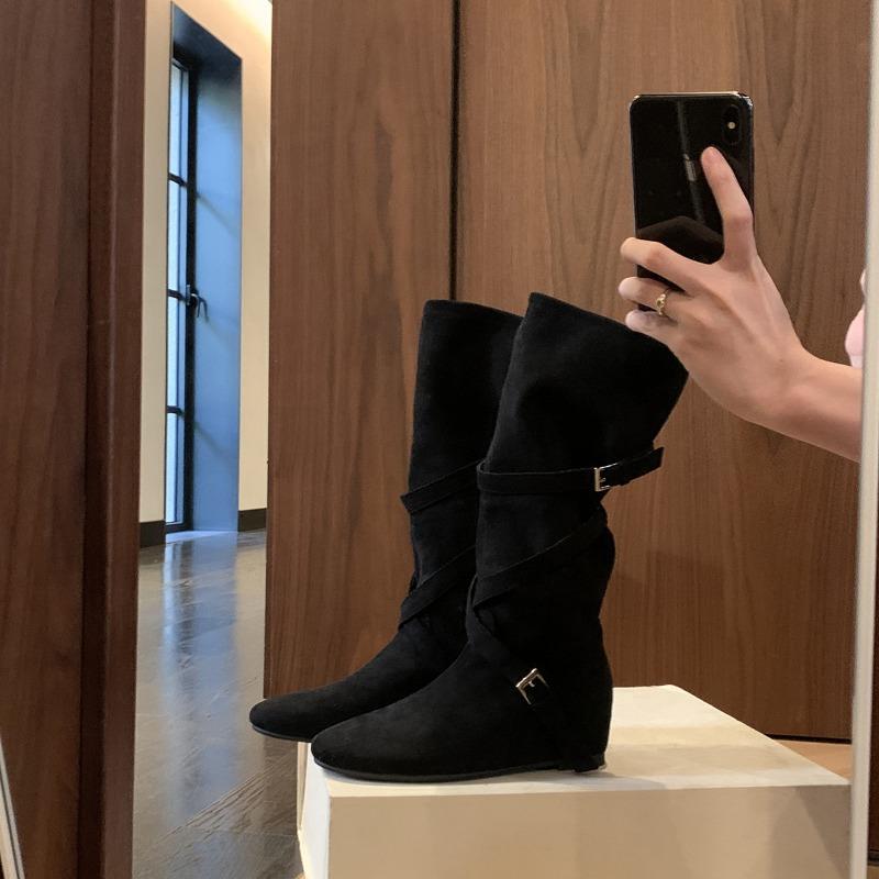 

New Pile Boots Women s Height Increase M Versatile Round Head Buckle Soft Folds Skinny Medium Knight Boots 35 чёрный