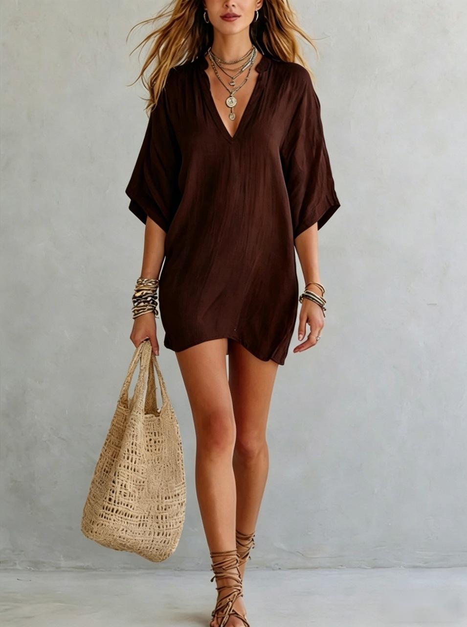 Women V Neck Loose Solid Color Summer Vacation Dress S