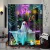 Halloween Themed Shower Curtain, White, With Bathtub Pumpkin & Skeleton Pattern - Modern & Stylish Bathroom Decor
