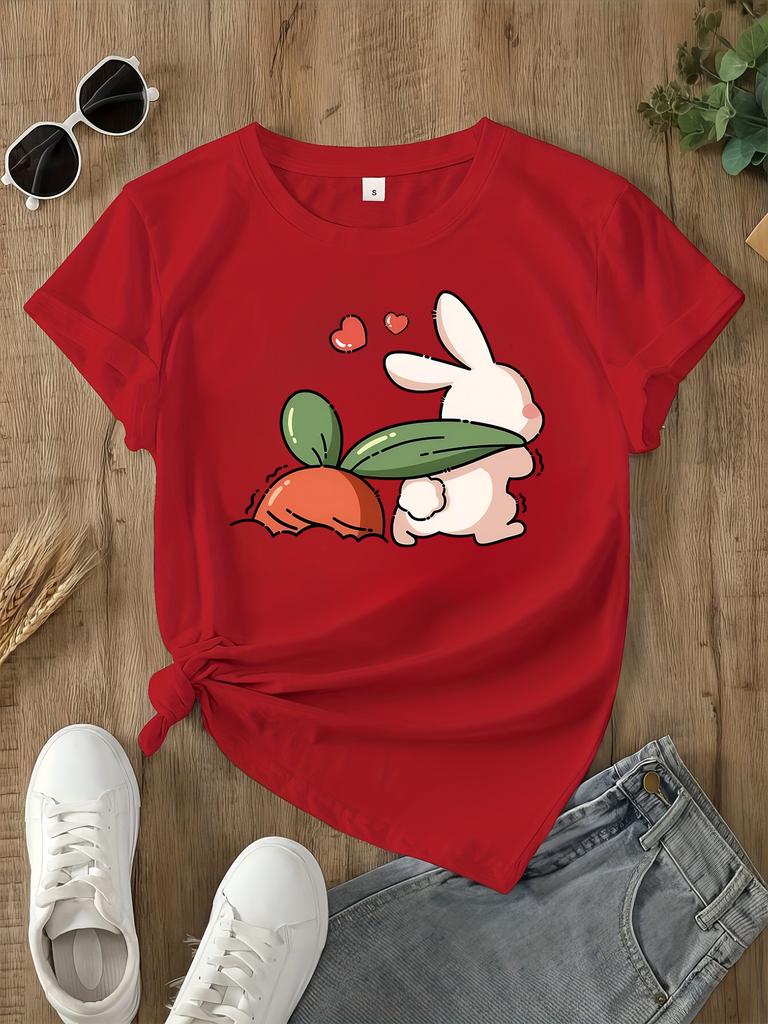 Women Casual Short Sleeved Round Neck T-shirt with Cute Rabbit and Carrot Pattern Printed Summer Women's Casual Tops Clothing