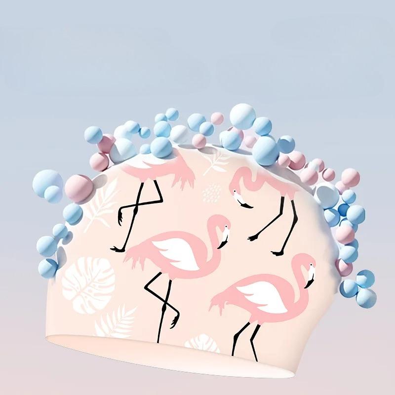 Große Badekappen Damen Mode Druck Ohrenschutz Lange Haare Wasserdicht Silikon Badekappe Badehüte Schwimmzubehör