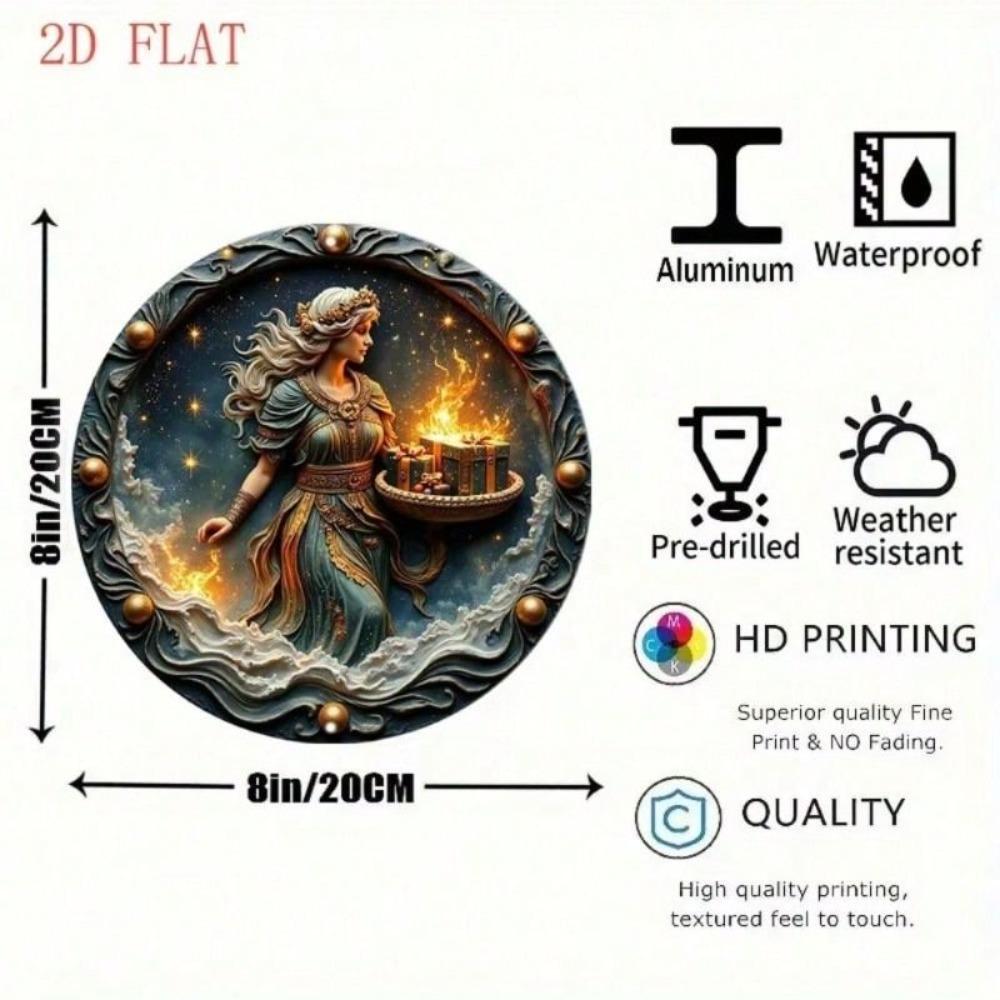 Metal Poster Wall Art Goddess Flame Star 3D Round for Living Room