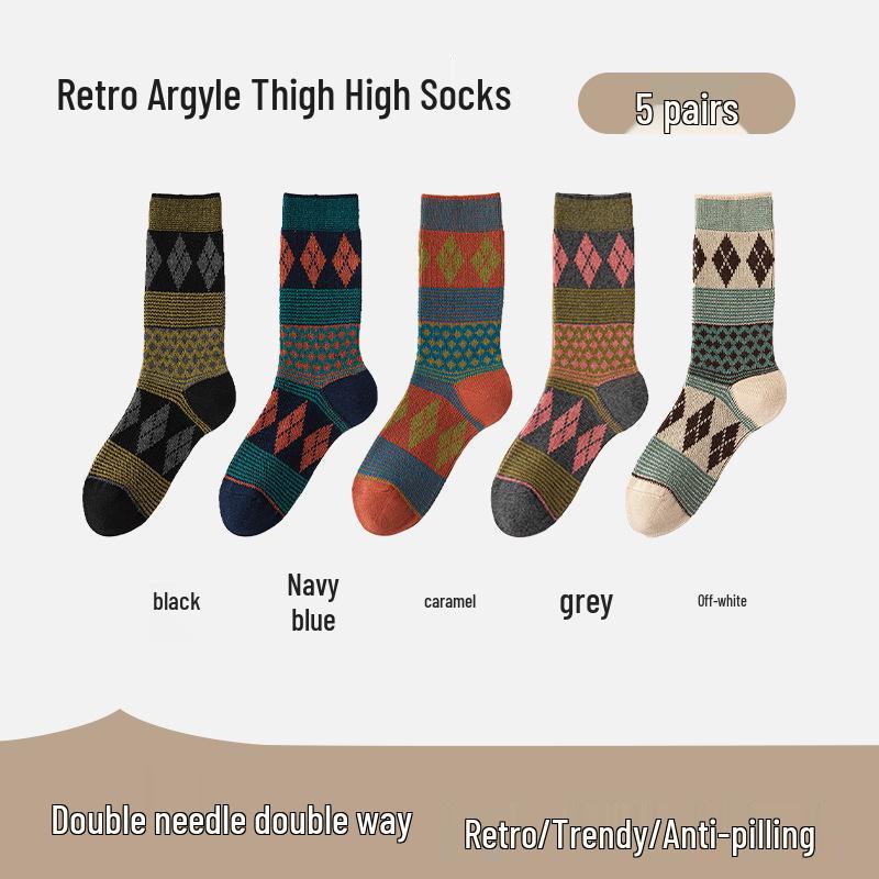 Women's Retro Argyle Mid-Calf Socks - Autumn/Winter Ethnic Style