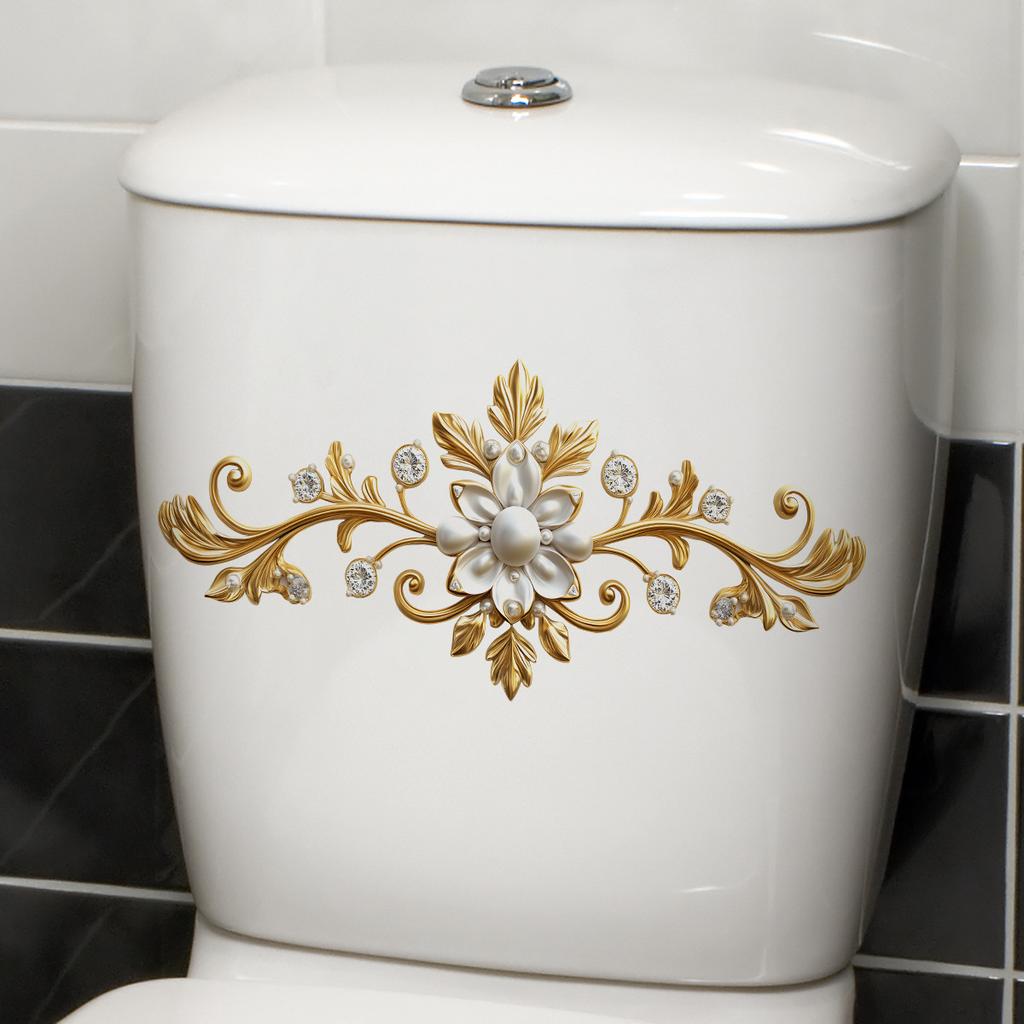 Elegant Gold Pattern with White Flowers Toilet Decoration Sticker Self-Adhesive Removable Decal for Bathroom WC