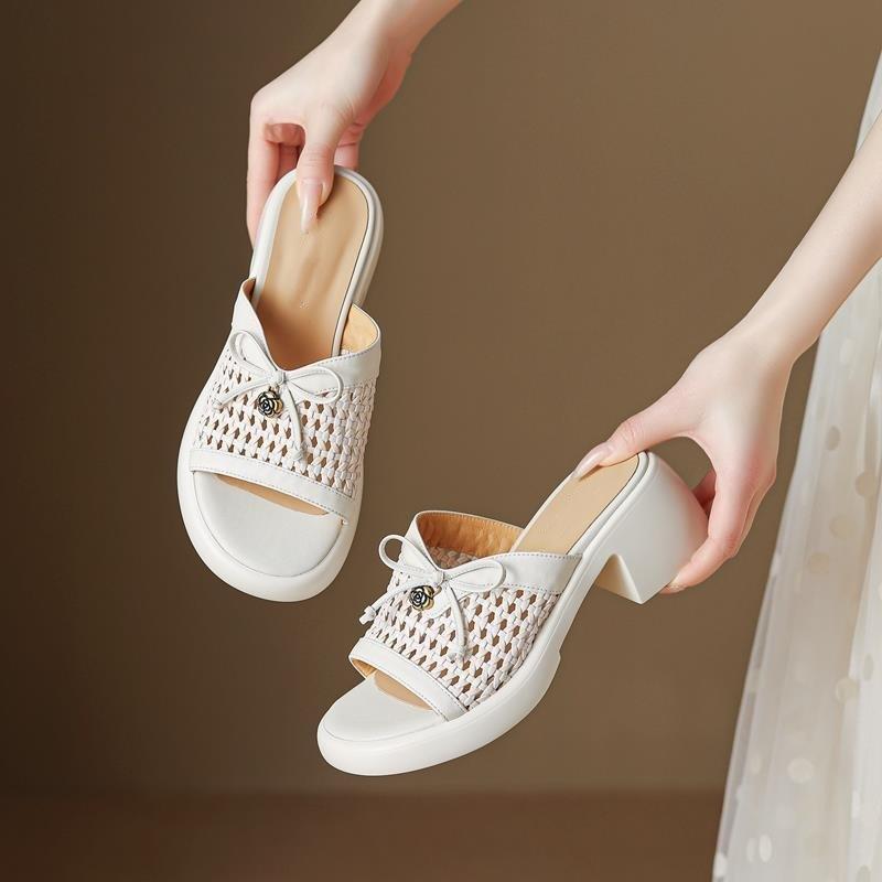 

2025 summer new woven hollow thick-soled thick-heeled slippers for women s fashion and leisure one-word drag cool slippers 35